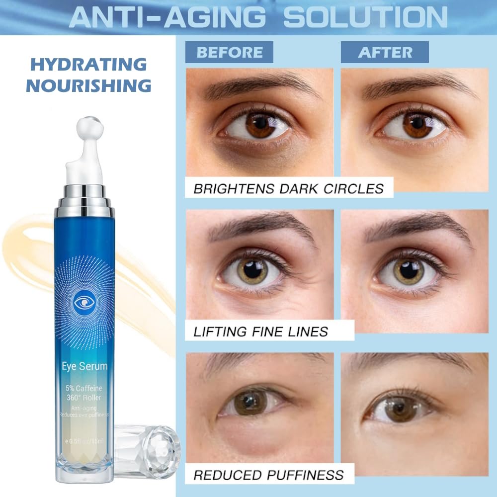5% Caffeine Eye Serum, Under Eye Roller Cream for Dark Circles, Anti-aging Wrinkles And Firming, 360° Massage Ball Ice Roller For Fine Lines, Bags, Puffy Eyes, Eye Skin Care For Women Men (CAFFEINE)