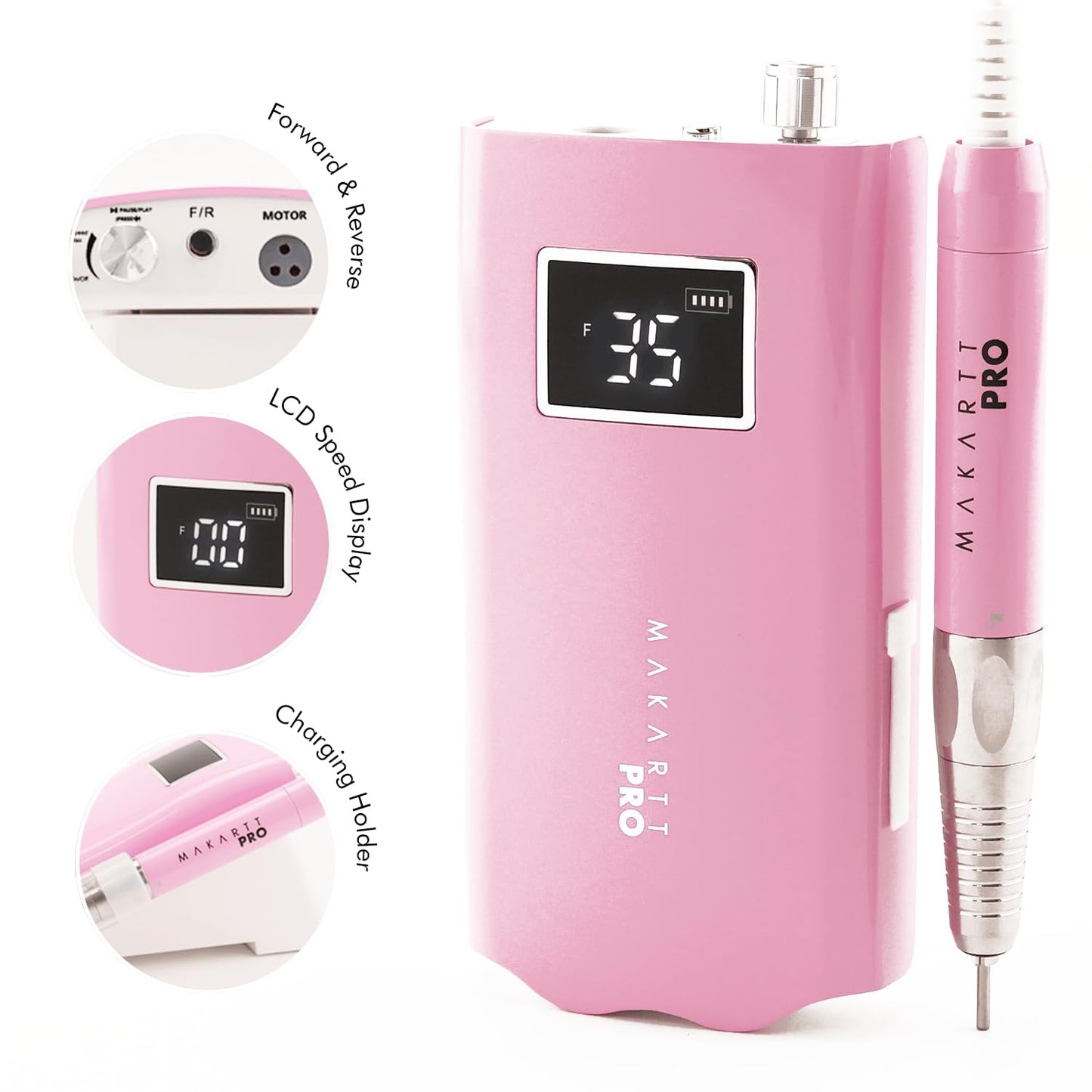 LuxuriaPro 35000 RPM Professional Nail Drill - 85W Brushless Motor | High Torque | Quiet & Vibration-Free | Portable, Rechargeable & Cordless Nail Drill for Technicians - Baby Pink