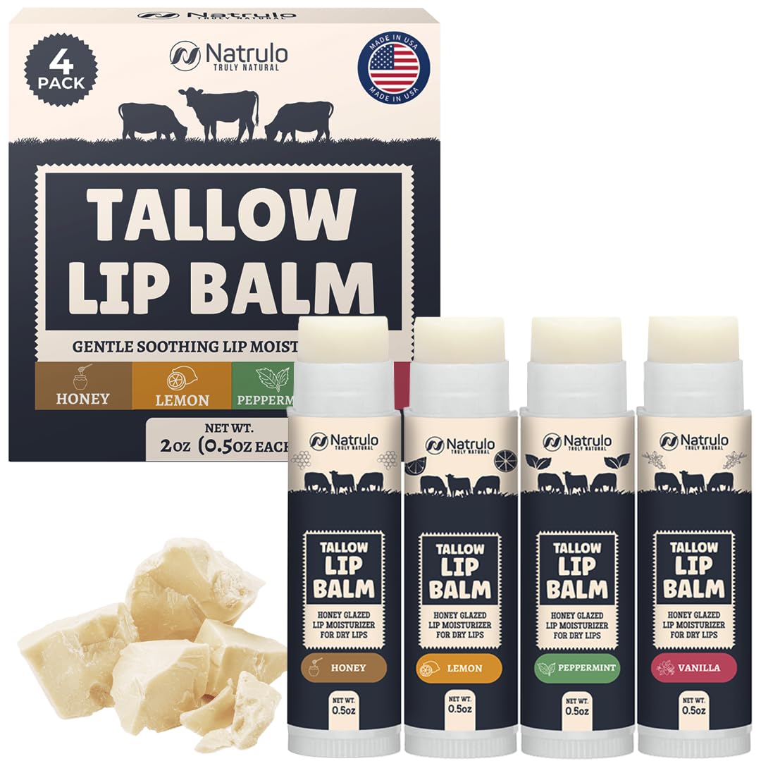 Beef Tallow Lip Balm – Natural Tallow Beeswax Chapstick – Hydrating Grass Fed Beef Tallow Honey Balm Lip Care – Soothes Chapped Dry Sensitive Lips – Long Lasting Vitamin Rich USA-Made Variety Pack
