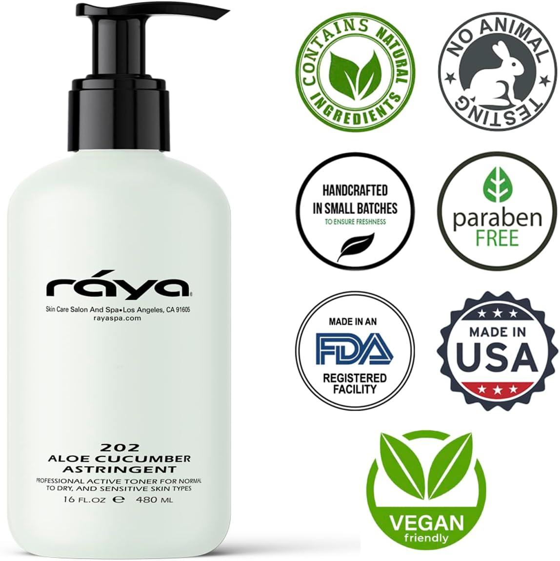 RAYA Aloe Cucumber Astringent 16 oz (202) | Gentle Pore Tightening and Smoothing Facial Toner for Dry and Sensitive Skin | Helps Refine, Cool, and Sooth | Smooths Complexion When Used Before Make-Up