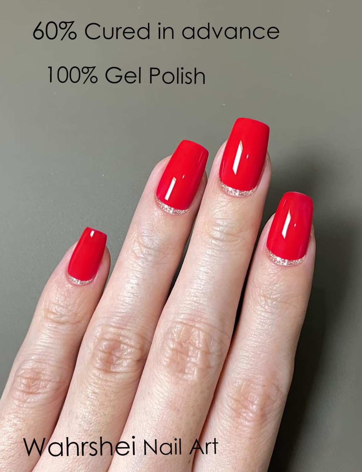 Semi Cured Gel Nail Strips, 20pcs UV Nail Wraps for Home Nails DIY (Red Glitter)