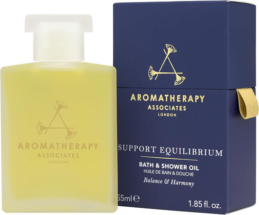 Aromatherapy Associates Support Equilibrium Bath and Shower Oil – Hydrating Oil with 3 Essential Oils to Uplift Mind, Body, and Spirit (1.86 oz)