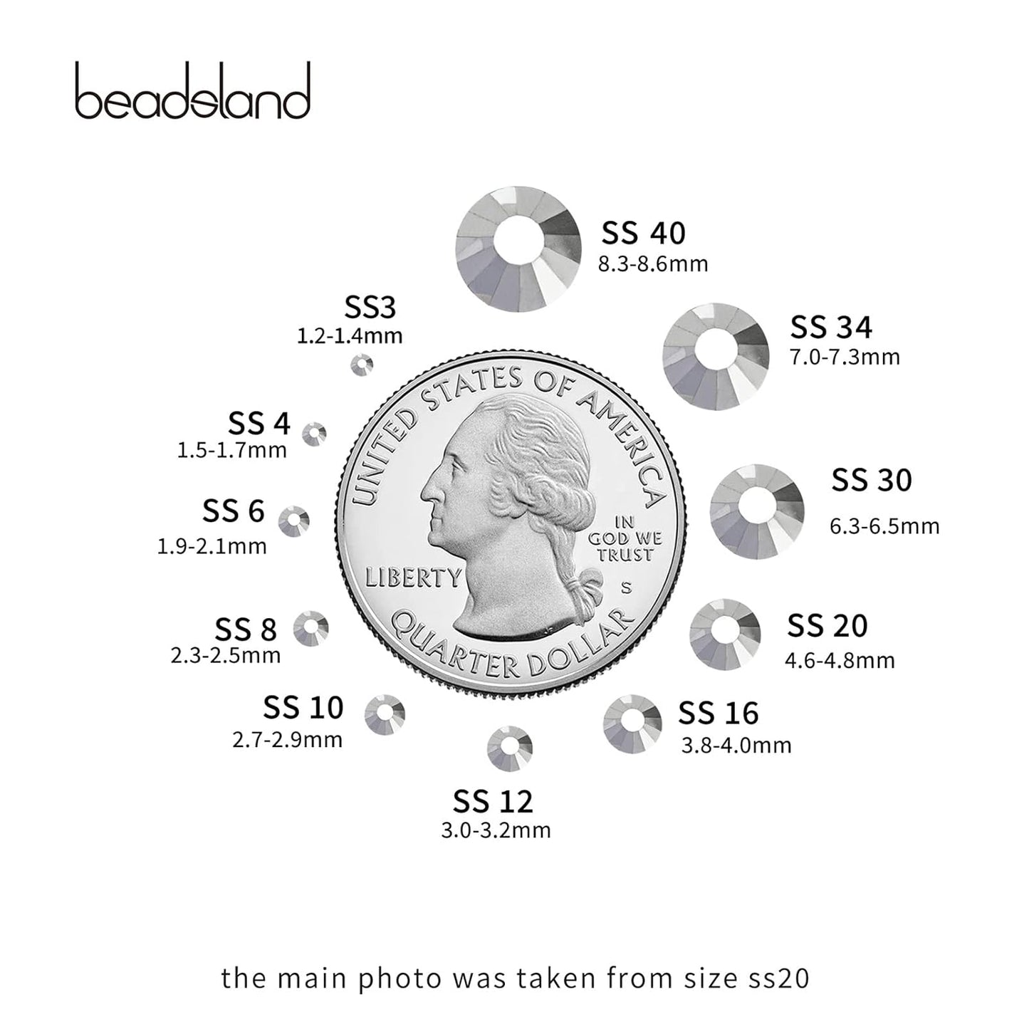 beadsland Flat Back Crystal Rhinestones Round Gems for Nail Art and Craft Glue Fix, Silver Hematite (2.9-3.0mm) SS12/1440pcs