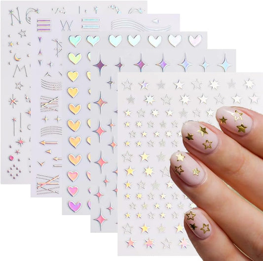 10 Sheets Aurora Nail Art Stickers 3D Pegatinas Uñas Holographic Laser Heart Star Moon Flame Nail Decals Self Adhesive Nail Stickers Nail Supplies DIY Nail Design Nail Art Decoration
