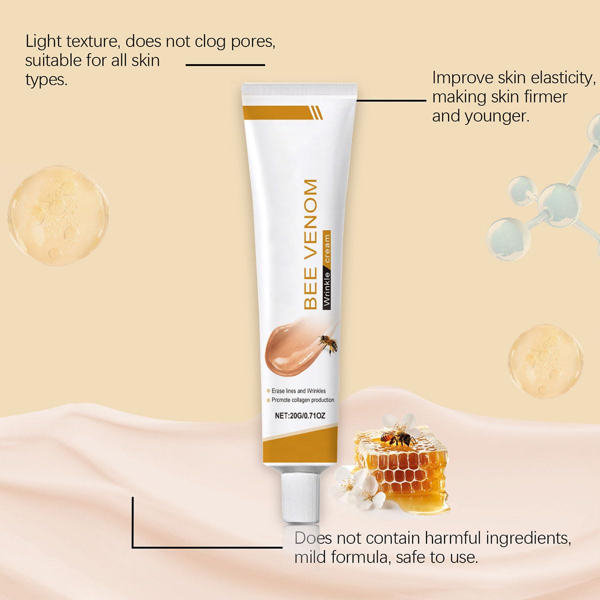 Bee Venom Moisturiser Cream Wrinkle Removal & Firming, Anti-Aging Eye&Face Bee Venom Skin Treatment Cream, Natural And Non-Irritating, Lifting & Recovery For All Skin Type (1 Pack, 20g)