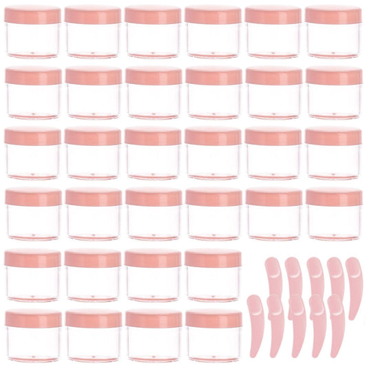 Refillable Cosmetic Sample Jars - 100 Pack 20g (0.7oz) Pink Small Travel Containers with Lids + 10 Mini Makeup Spatulas - BPA Free