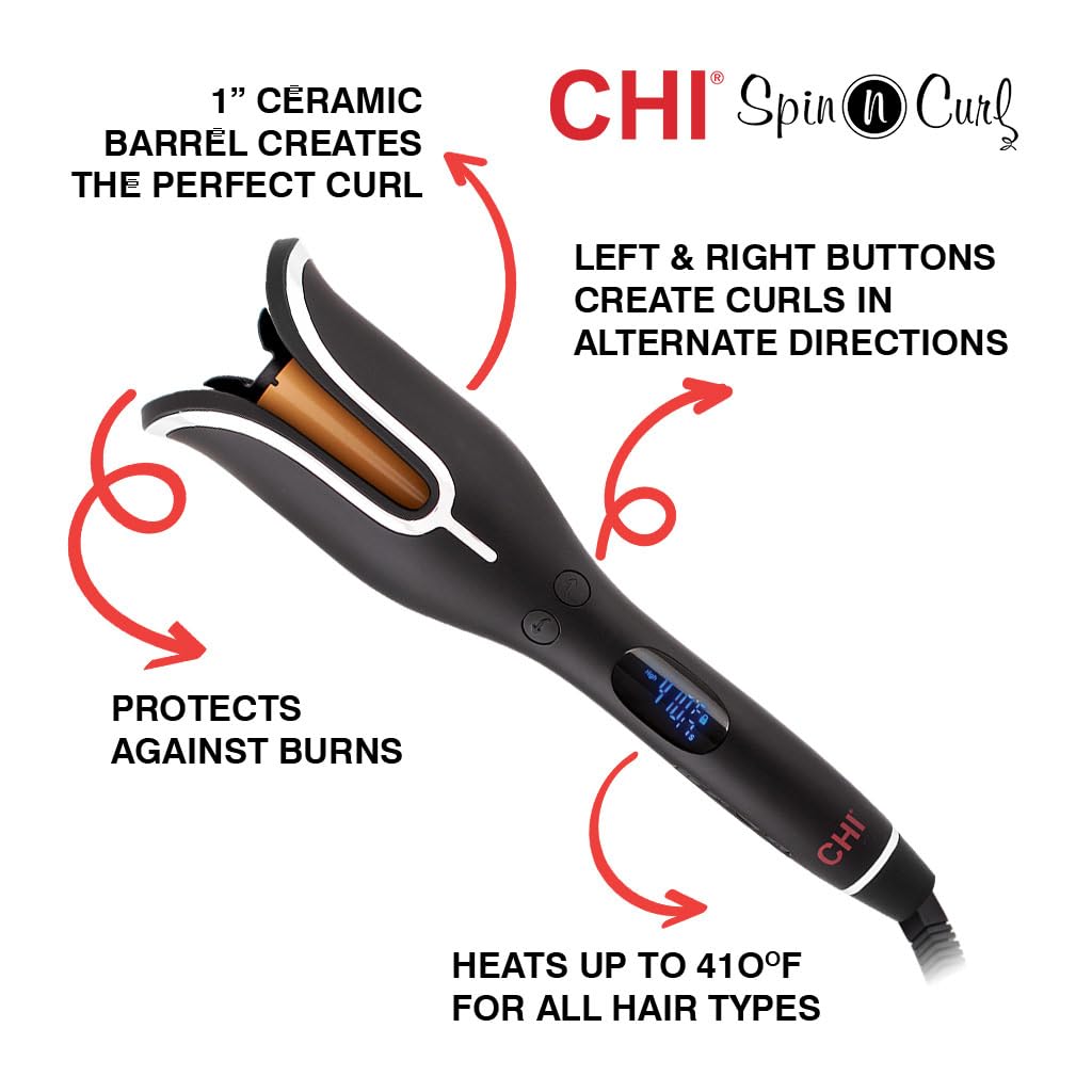 CHI Spin N Curl, Curling Iron For Healthy & Shiny Effortless Curls & Waves, Provides Preset Temperature Settings For Each Hair Texture, Onyx Black