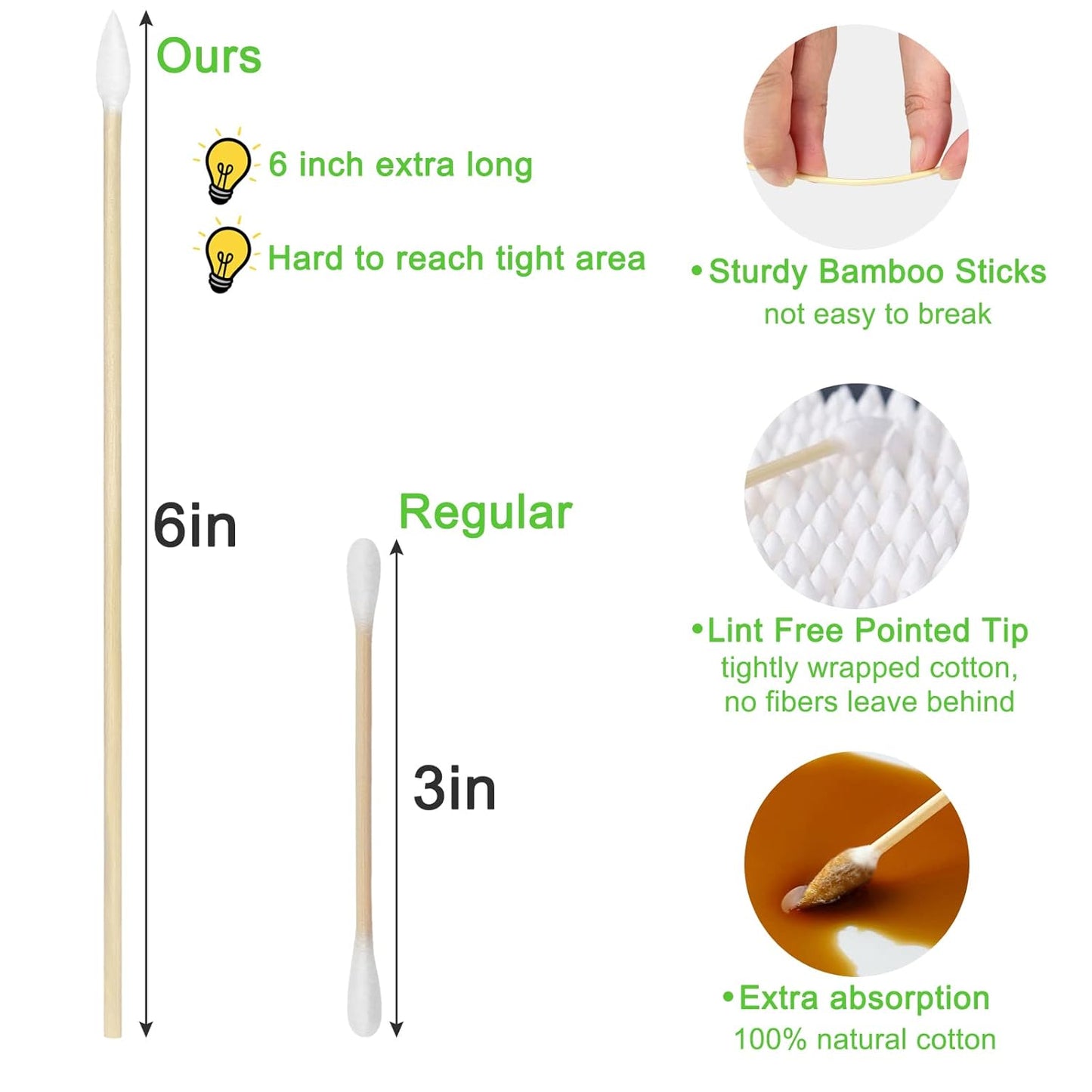 500 PCS 6 Inch Precision Tips Cotton Swabs - Long Wooden Stick Cotton Buds Pointed Cotton Swabs With Case - Cotton Tipped Applicators For Makeup, Electronics, Hard To Reach Area