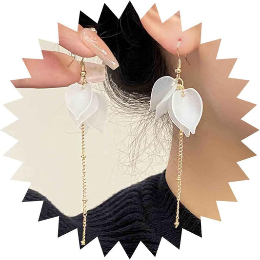 Vintage Acrylic Flower Petal Drop Earrings Gold Long Tassel Chain Earrings White Resin Flower Hook Earrings Wedding Flower Earrings Jewelry for Women