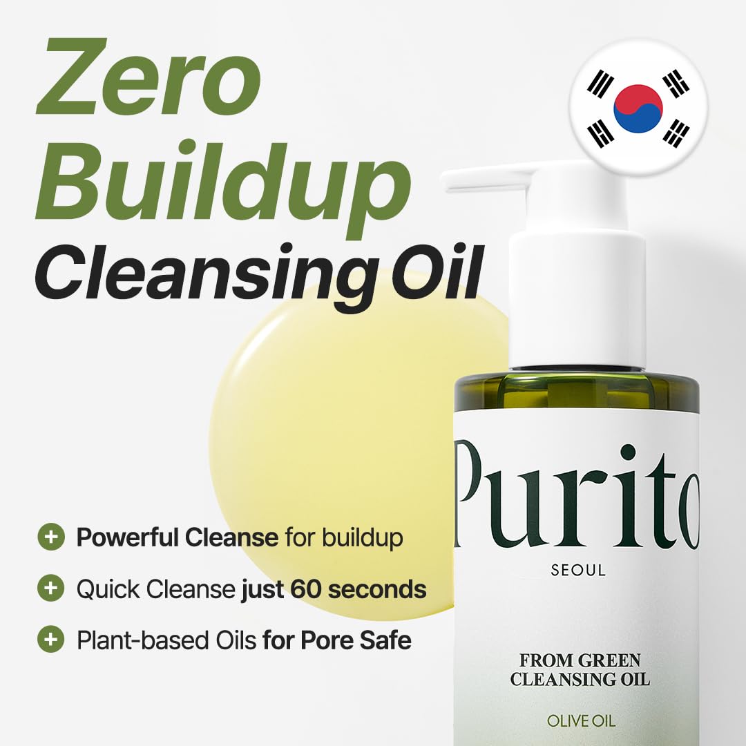 PURITO From Green Cleansing Oil, Fragrance-Free Makeup Remover for Face & Eyes, Gentle Vegan Oil Cleanser for Sunscreen & Waterproof Makeup, Cruelty-Free Korean Skin Care, 6.76 fl.oz / 200ml
