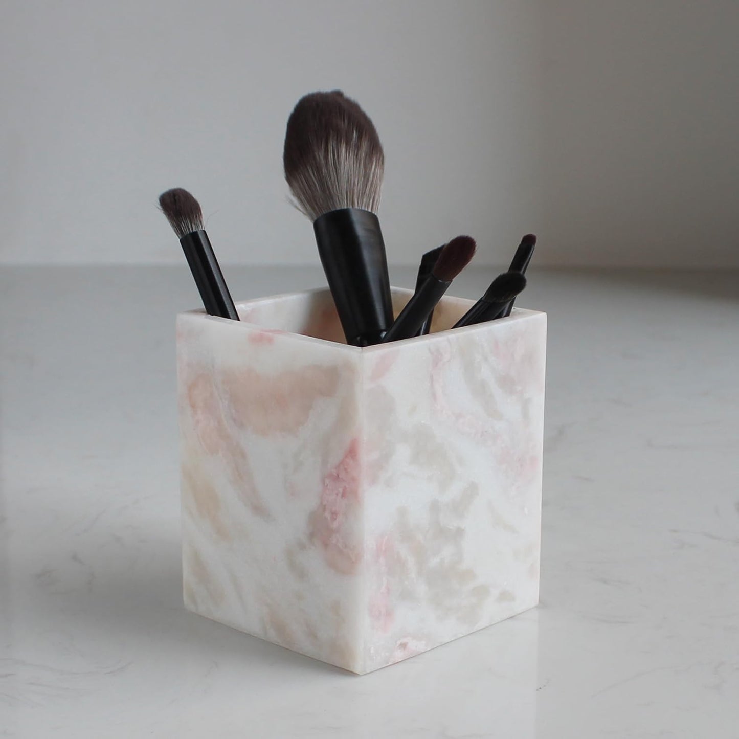Natural Rose Marble Toothbrush Holders for Bathroom, Marble Makeup Brush Holder Countertop Organizer