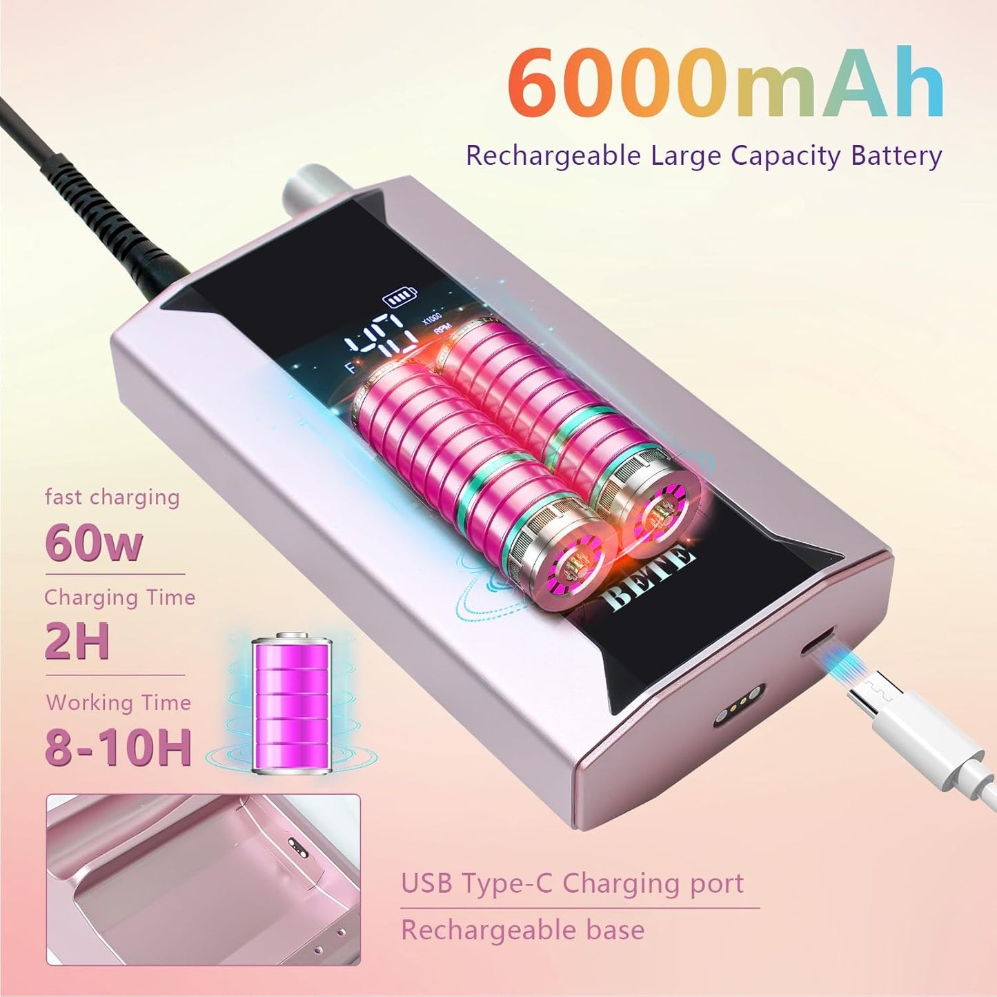 BETE Professional Nail Drill Machine, 0-40000RPM Brushless Durable Electric Nail File for Acrylic Gel Nails, Rechargeable Nail Drill with Charging Base with 6pcs Drill Bits for Salon Home, Pink