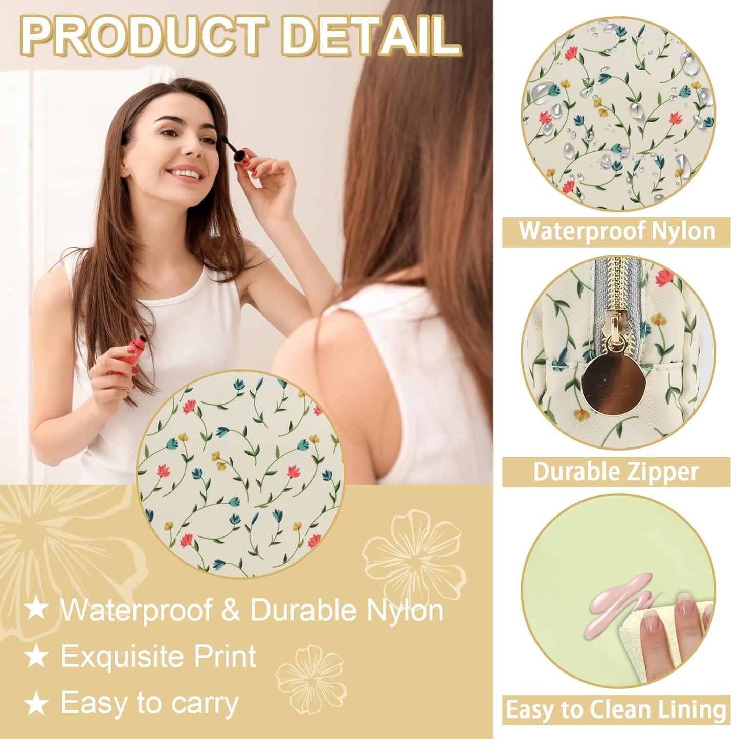 Waterproof Mini Floral Makeup Bag Pouch for Purse,Nylon Flower Cosmetic Bag Small Preppy Toiletry Organizers Bag for Women Girl,Cute Zipper Pouch Coin Purse for Work(Mini Light Yellow-Flowers)