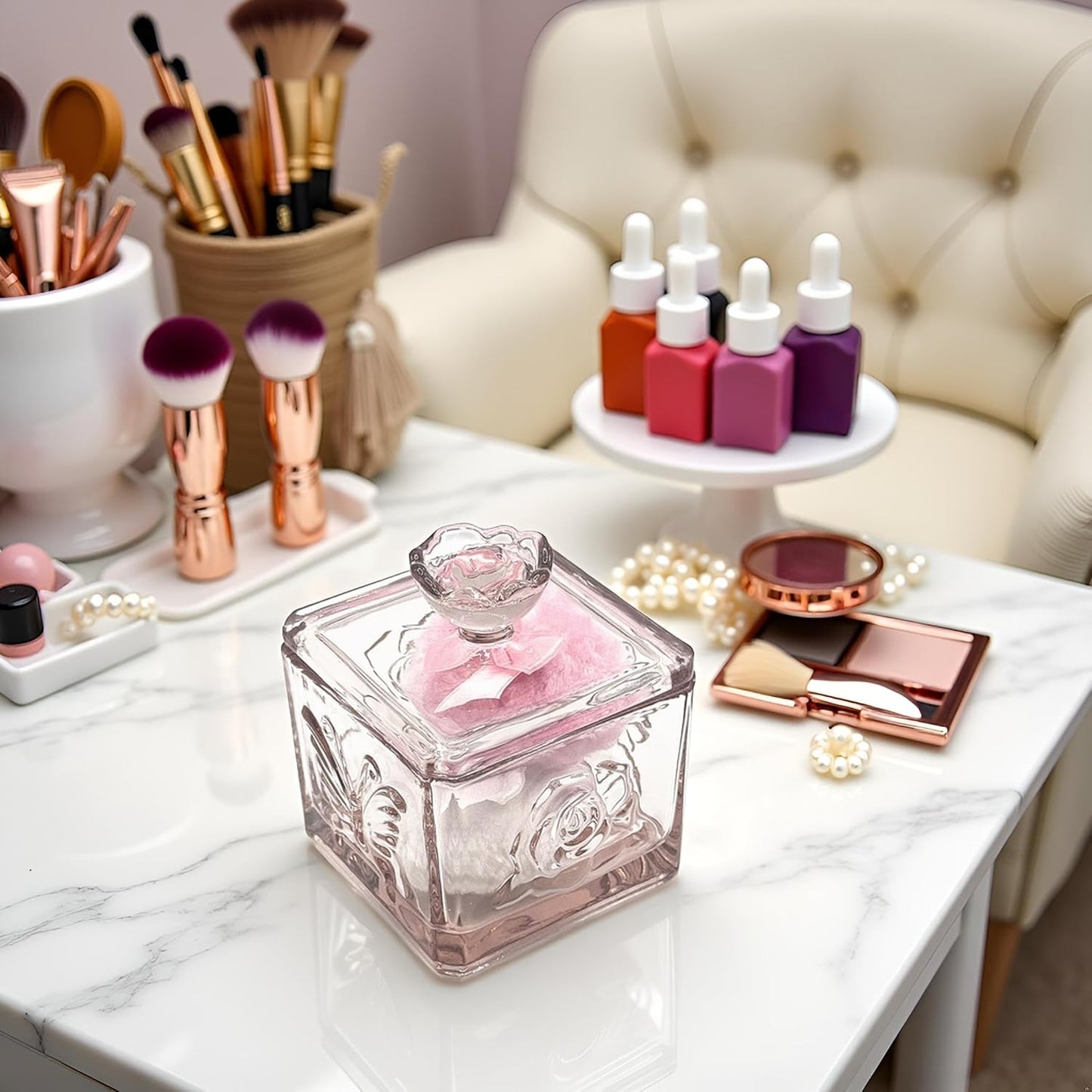 Body Powder Puff and Container - Glass Dusting Powder Container with 2 Soft Puffs – Vintage Powder Puff Case for Women & Girls (3.74x3.74x4.53 H IN)- GRB013-Pink