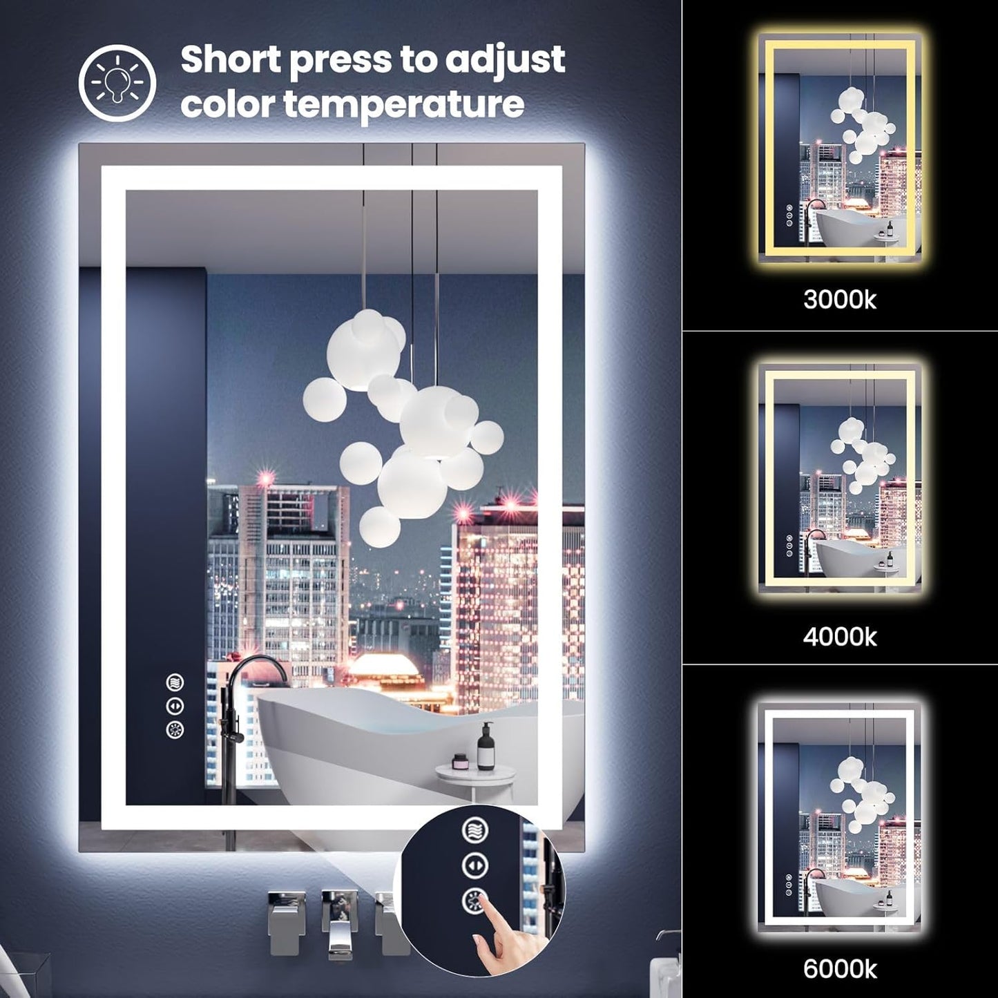 Amorho LED Mirror for Bathroom 24X36 Inch with Backlight and Front Lit, Fogless Mirror for Wall Mounted, Dimmable, 3 Colors, Memory