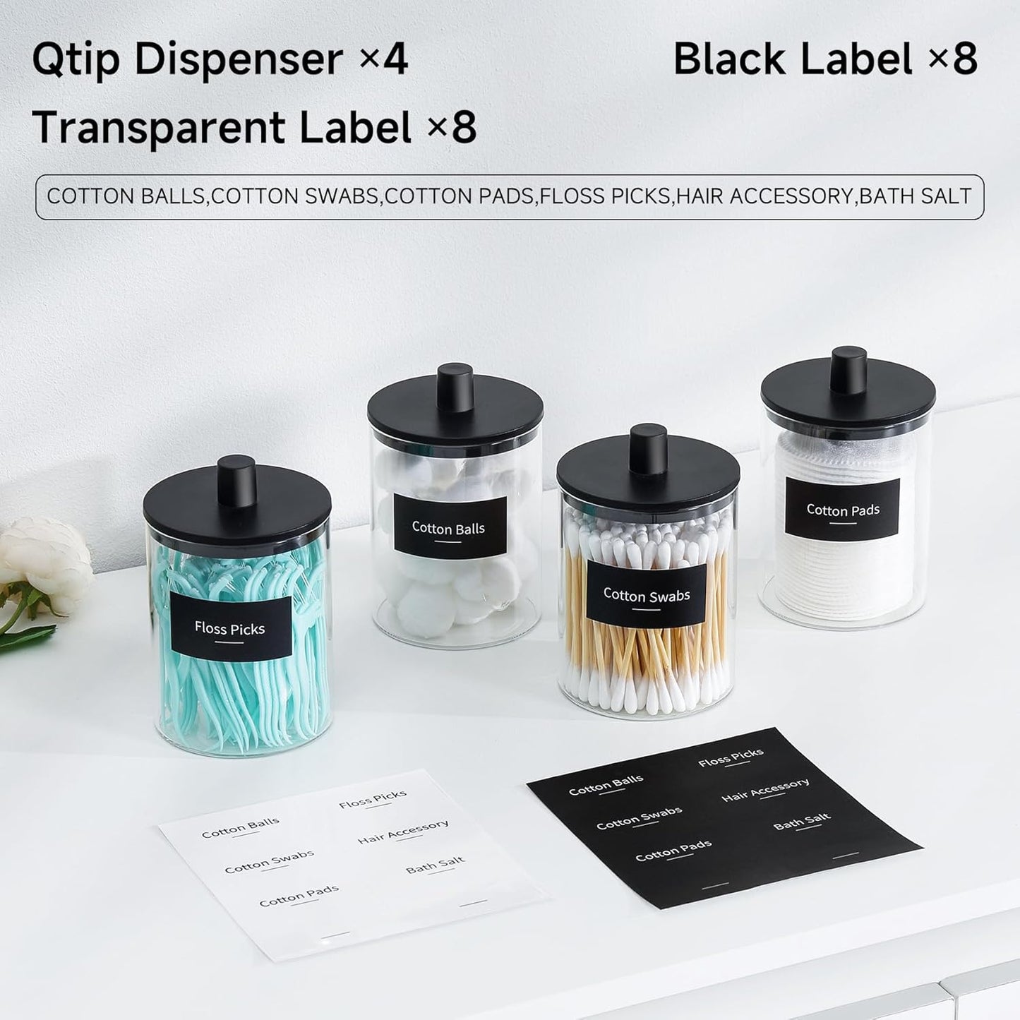 TIPGO Glass Qtip Holder Dispenser for Bathroom - 10 oz Clear Canister Apothecary Jar for Cotton Swabs, Balls, Pads, Floss Picks, Small Containers for Makeup Storage Organizer (4 Pack, Black)