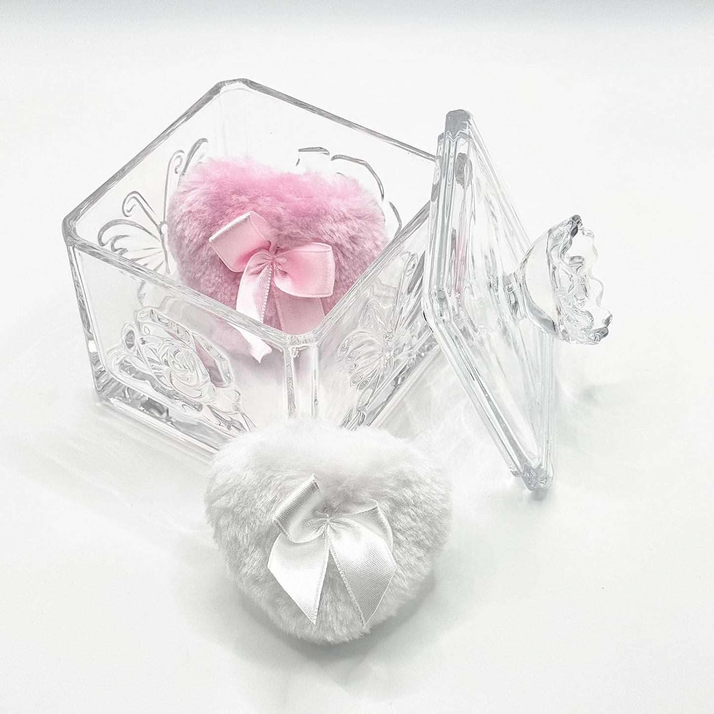 Body Powder Puff and Container - Glass Dusting Powder Container with 2 Soft Puffs – Vintage Powder Puff Case for Women & Girls (3.74x3.74x4.53 H IN) - GRB013-Transparent