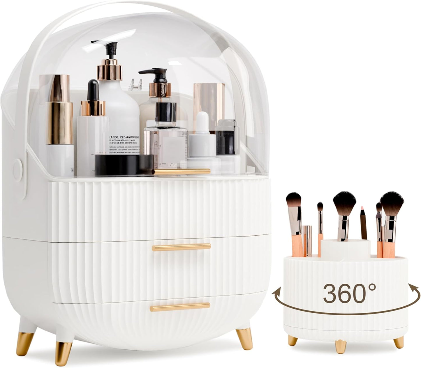 Makeup Organizers and Storage Make up Organizer for Vanity Cosmetics Skincare With Lid and Drawers Display Cases for Countertop Bathroom Women Teenager Girl Gifts(White+Brush Holder)