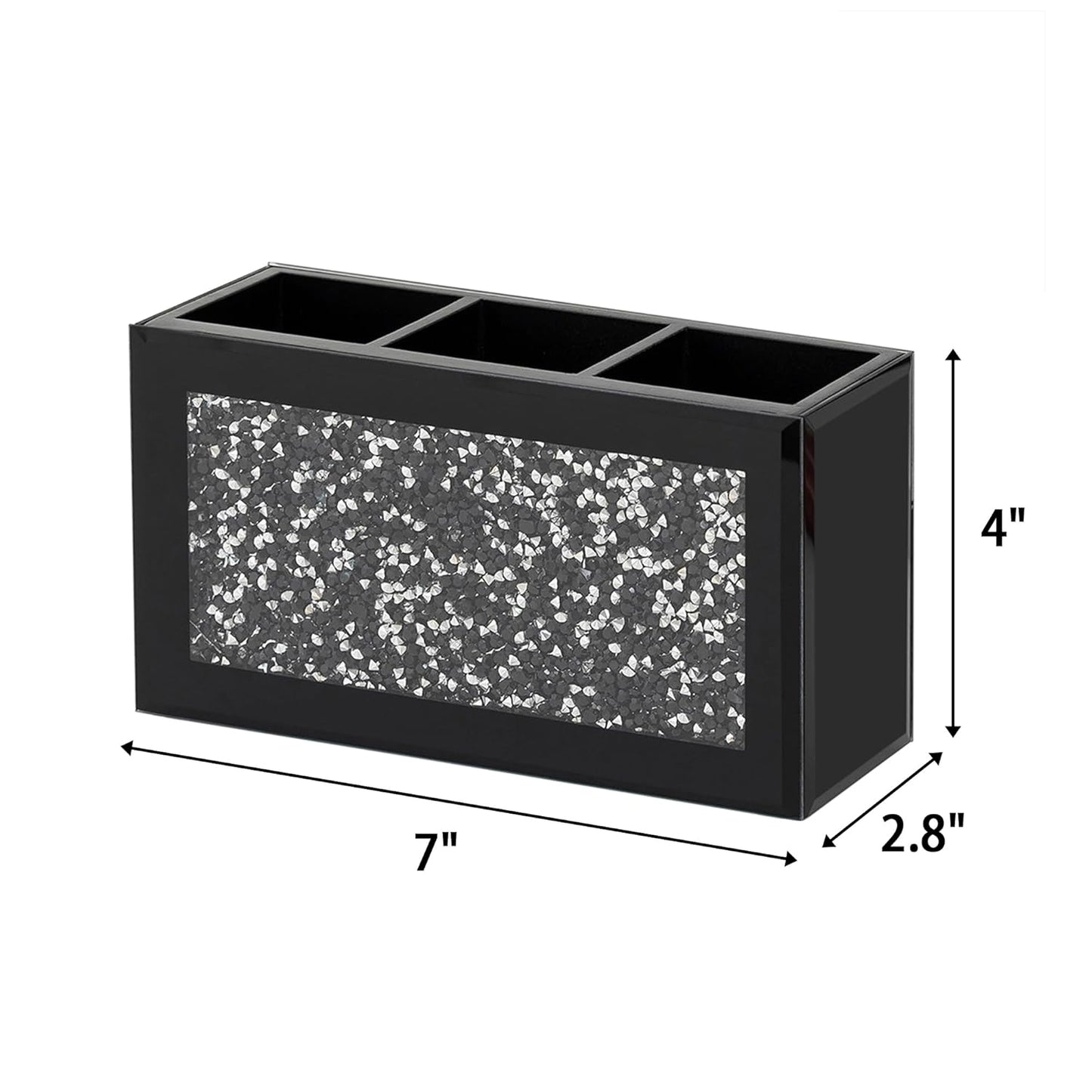 SHYFOY Black Makeup Brush Holder Organizer, 3 Slots Glass Cosmetic Brushes Storage Holder with Crushed Diamond, Pencil Pen Holder for Desk, Desk Organizer and Accessories for Vanity