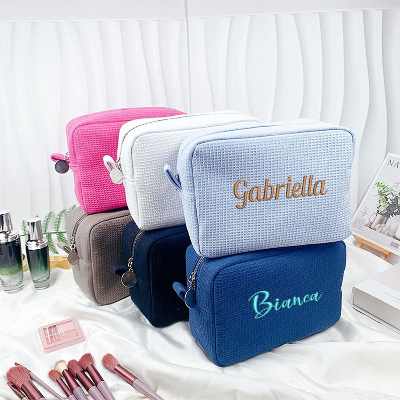 GOPHIE Personalized Embroidered Makeup Bag,Custom Waffle Fabric Cosmetic Pouch for Women, Travel Makeup Pouch (3, Sky Blue)