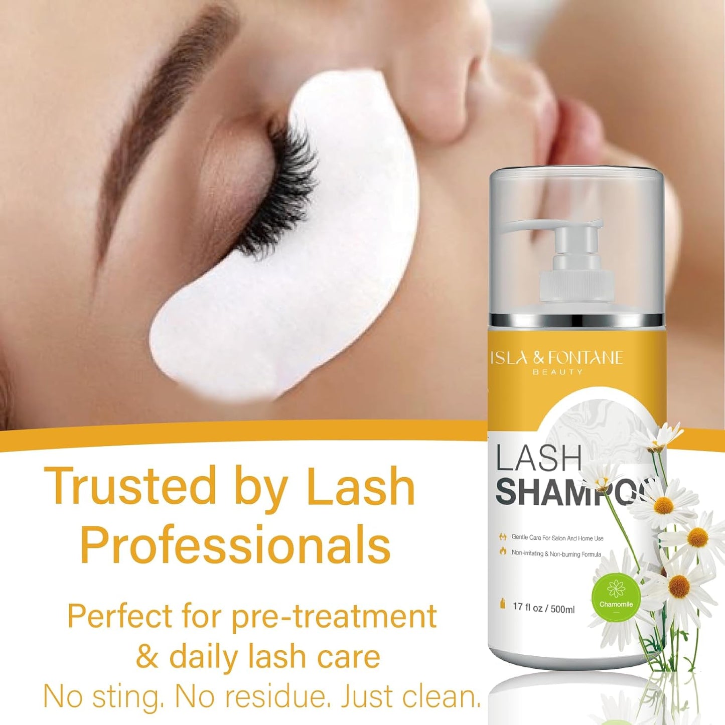 Isla & Fontane Lash Shampoo Bulk – Multi-Scent Series – 17 fl oz / 500ml | Gentle Eyelash Cleanser for Lash Extensions | Non-Irritating | Professional Lash Bath Foam For Salon And Home Use (Chamomile)