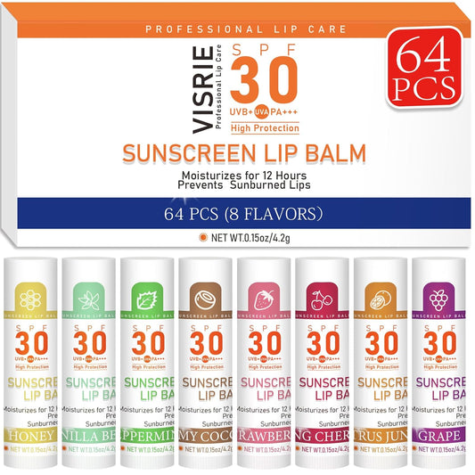SPF 30 Sunscreen Lip Balm, Bulk Travel Size-64 Pack, Hydrating with Vitamin E & Coconut Oil- 8 Flavors