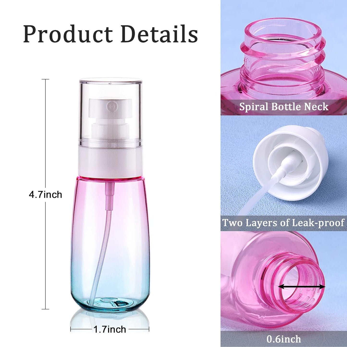 Cosywell Fine Mist Spray Bottles TSA Approved 2oz 60ml 3 Pack Leak Proof Travel Spray Bottle Empty Small Spray Bottles for Perfume Essential Oils Toners Rose Water Cosmetics (3Gradient Pink Blue)