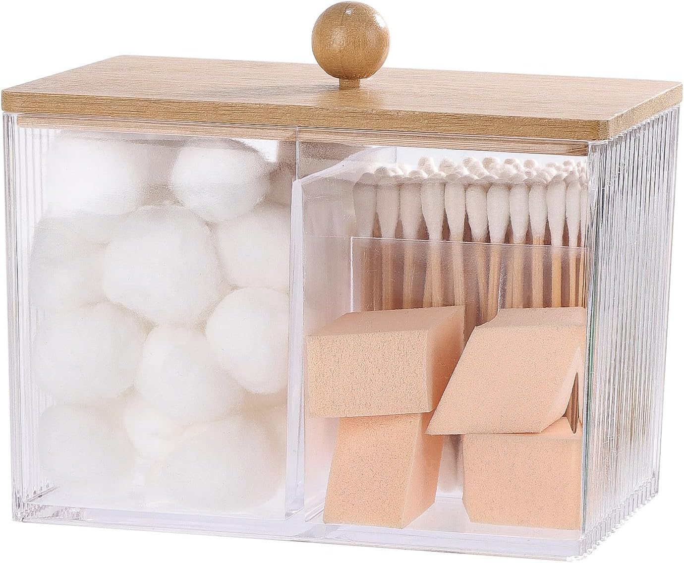 Ohlove Qtip Holder with Bamboo Lids, 3 Compartments Cotton Ball/Swabs Dispenser, Apothecary Jar Clear Plastic Bathroom Container for Storage and Organizer
