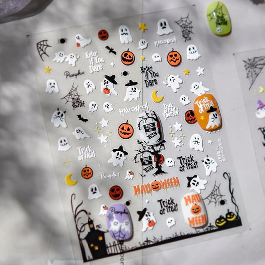 1 Sheet Halloween Nail Stickers 3D Self-Adhesive Cute Ghost Haunted House Nail Art Stickers Pumpkin Spider Web Nail Decals Moon Star Nail Designs Holiday Nail Art Decoration for Women Girls Manicure