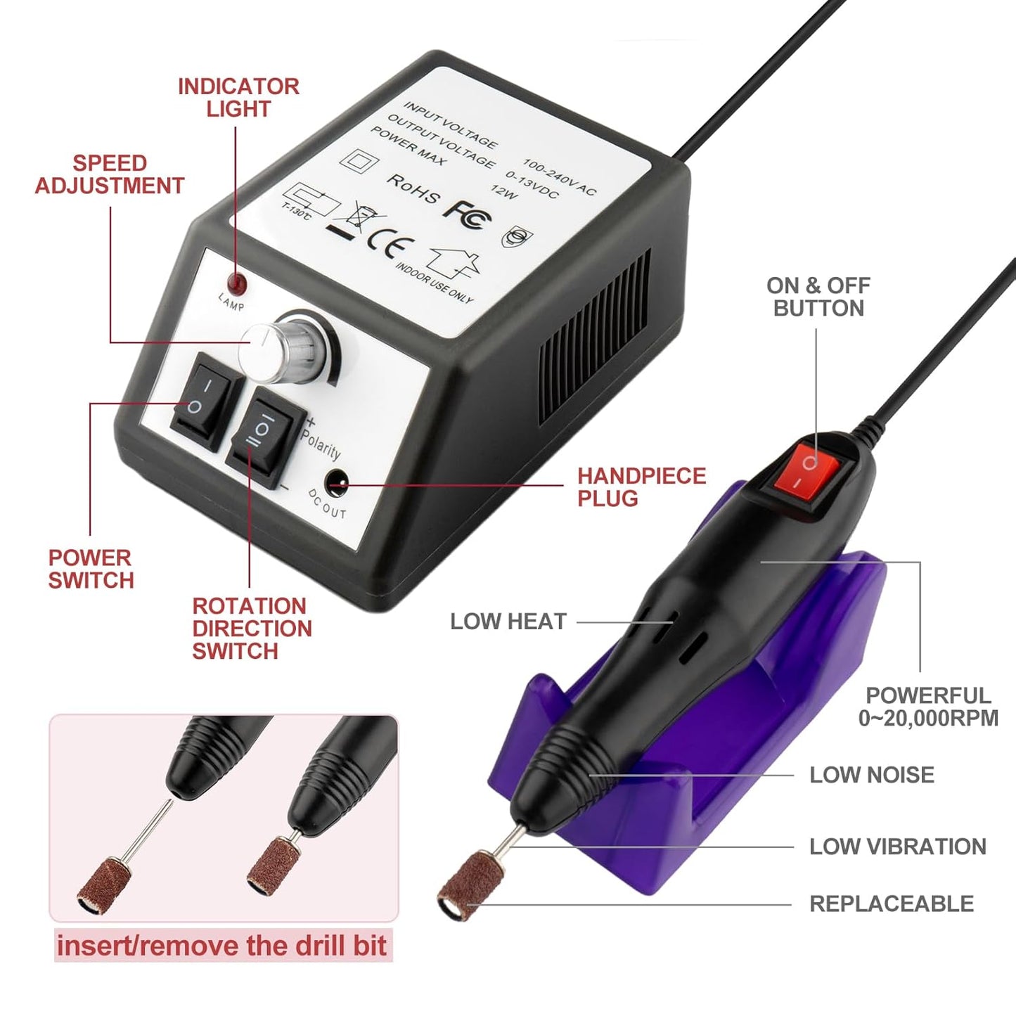 Professional Electric Nail Drill Machine Nails File Manicure Pedicure Set for Acrylic Gel Dip Powder Art Shape Remover Tool Polisher Grinder Low Noise with 6 Drill Bits 156pcs Sanding Bands (Black)