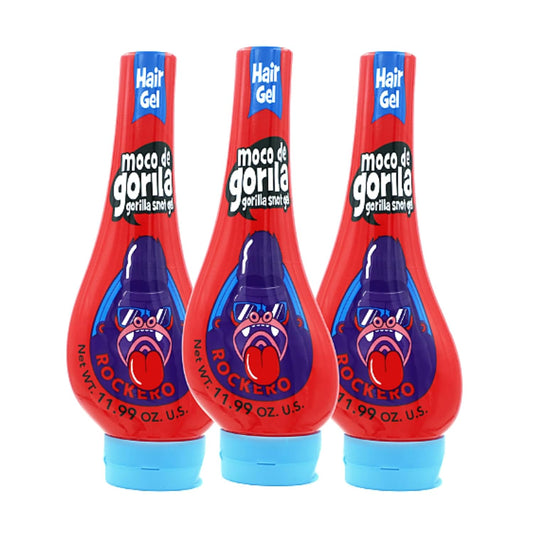 Moco de Gorila, Explosive Rocker Hair Styling Gel, Long-Lasting Hold, Reactivatable with water, 3-Pack of 11.92 Oz Each, 3 Squeezable Bottles.