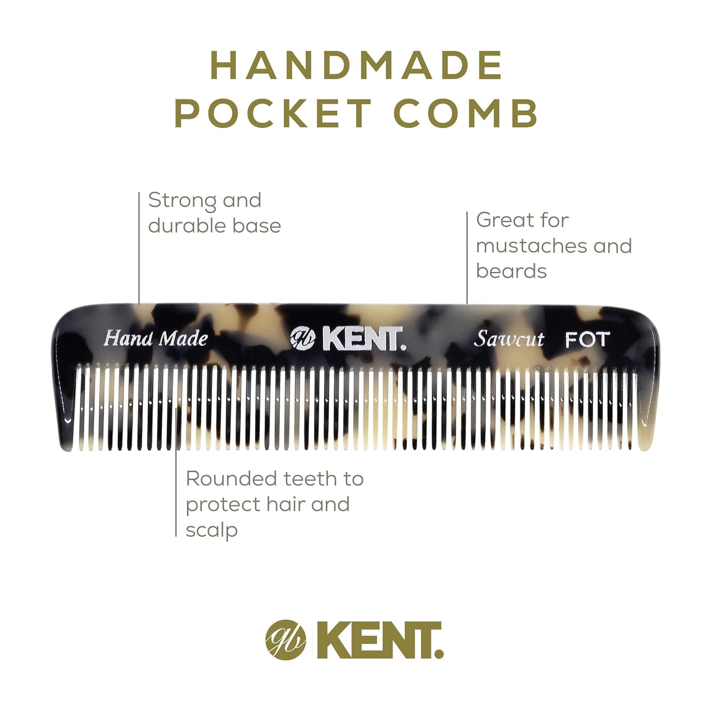 Kent FOT TW Fine Tooth Comb for Men - Handmade Pocket Comb for Travel, Styling, Fine or Thinning Hair, Mustache and Beard Care Handpolished Saw-Cut Made in England