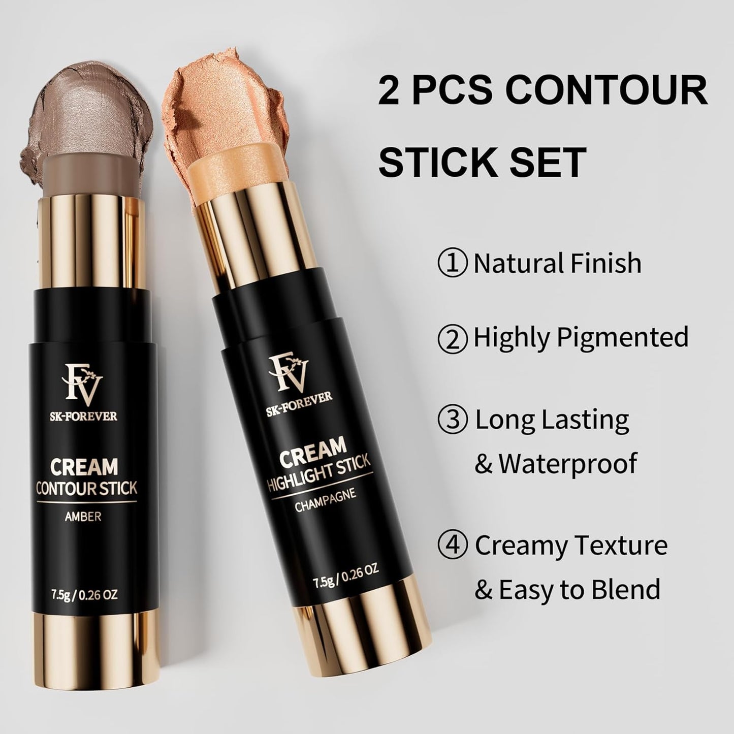 FV 2PCS Contour Stick, Highly Pigmented & Blendable Cool Toned Contour and Highlighter Stick with Natural Finish, Long Lasting & Creamy Texture Contour Set for Face Shaping Makeup, 01&03