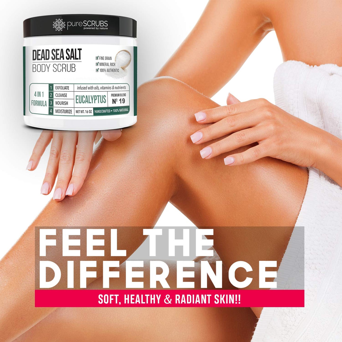 pureSCRUBS Premium Eucalyptus Body Scrub Set - Large 16oz Dead Sea Salt Body Scrub With Infused Essential Oils & Nutrients, Includes Wooden Spoon, Loofah & Oatmeal Exfoliating Bar Soap