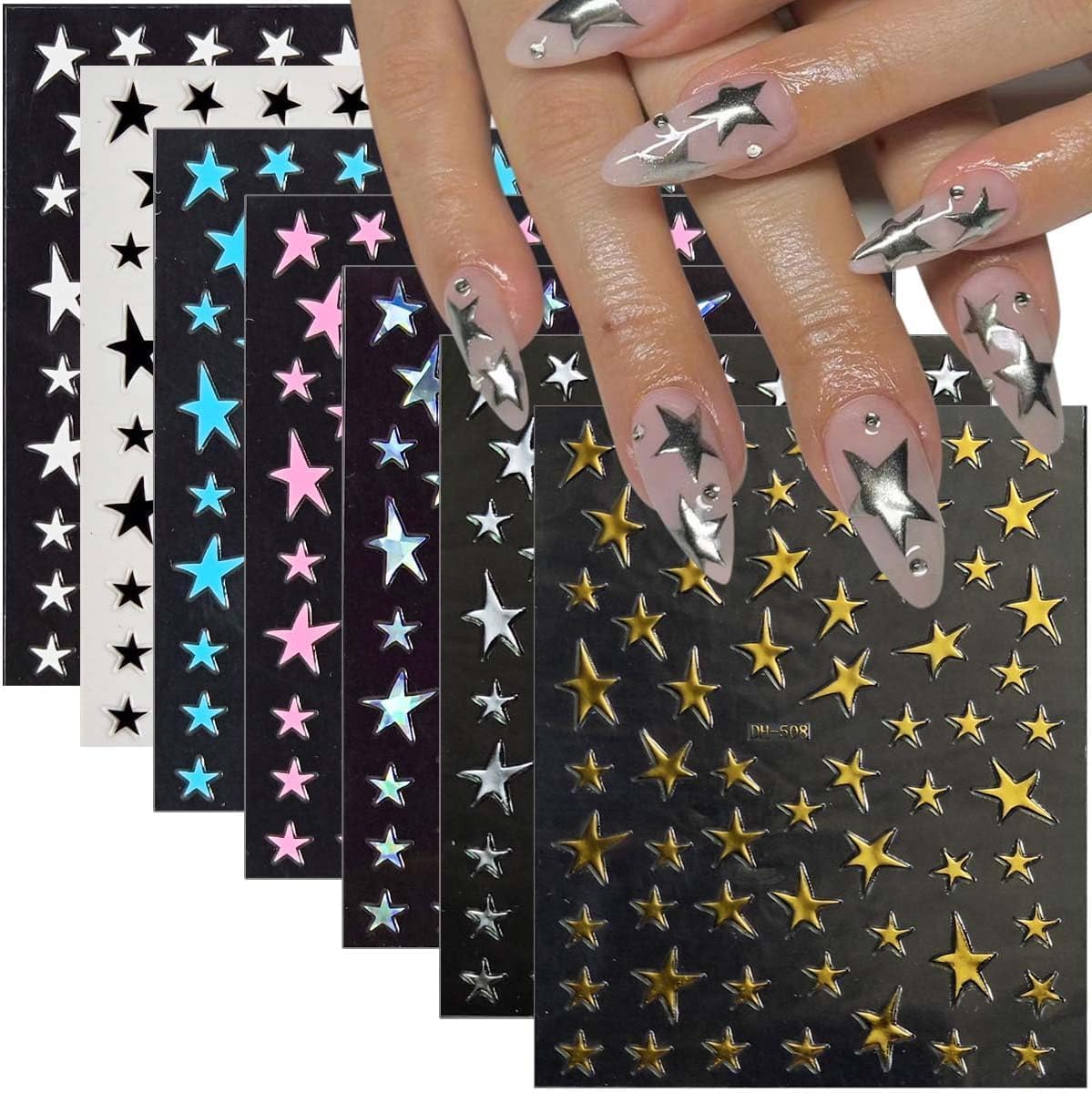14 Sheets Star Nail Stickers 3D Glitter Nail Decals Gold White Blue Pink Silver Black Stars Nail Art Stickers Geometry Star Nail Sticker Nail Art for Women DIY Manicure Decorations