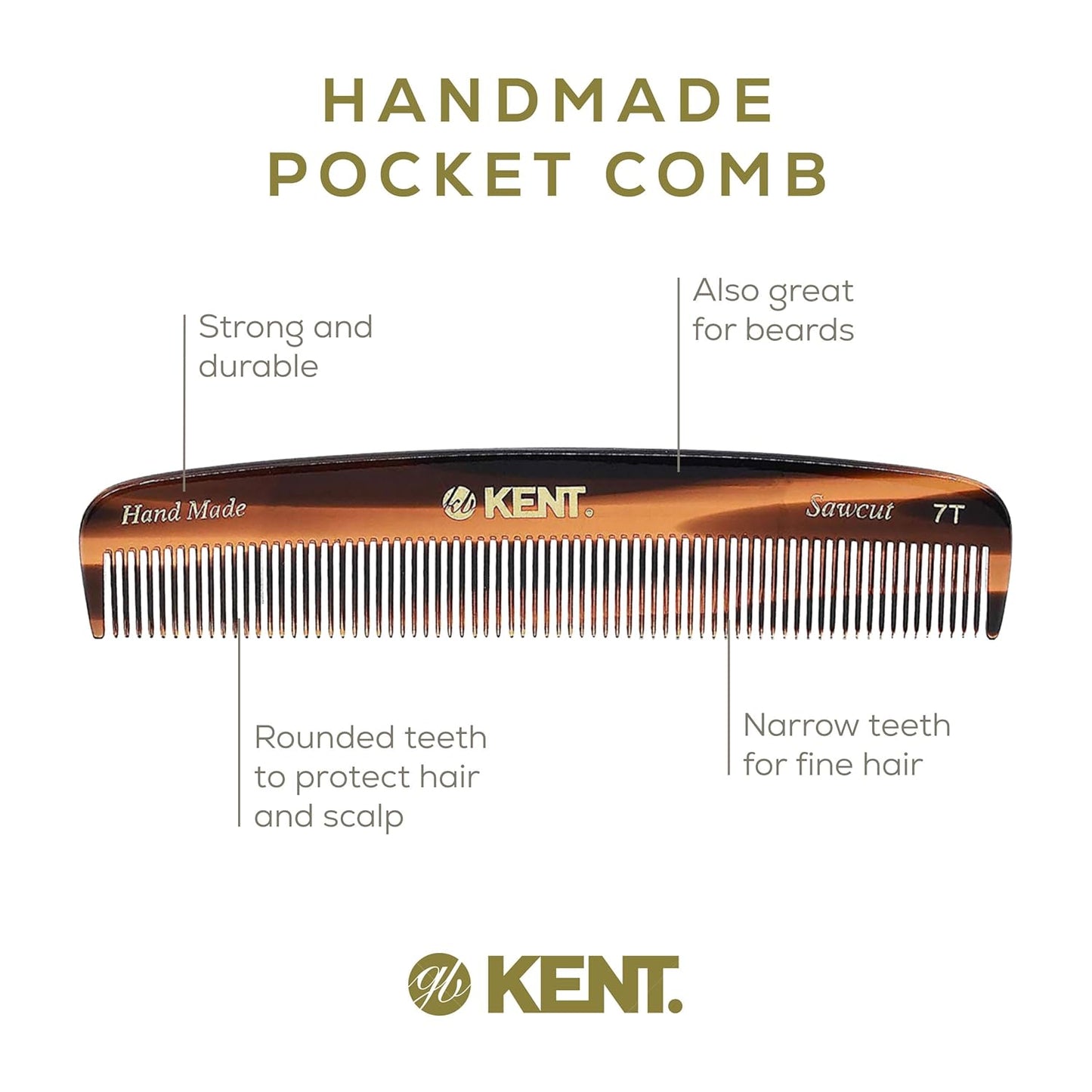 Kent 7T Handmade All Fine Tooth Pocket Comb for Men, Hair Comb Straightener for Everyday Grooming Styling Hair, Mustache and Beard, Use Dry or with Balms, Saw Cut and Hand Polished, Made in England