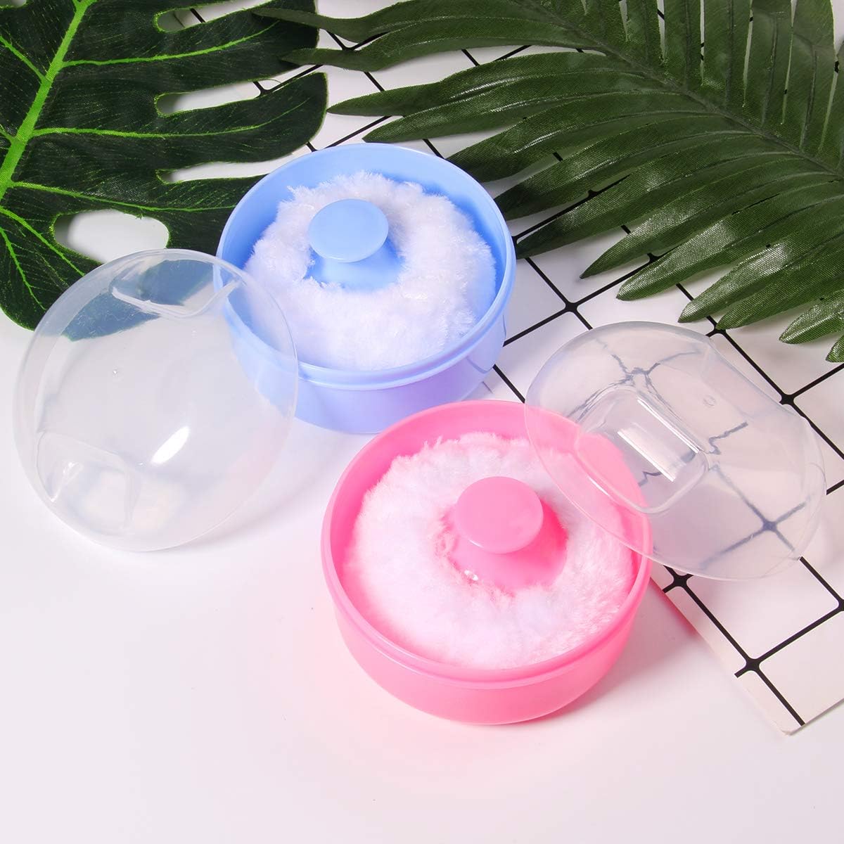 2Pcs Baby Body Cosmetic Powder Puff Body Powder Puff and Container Case (Pink and Blue) (2pcs)