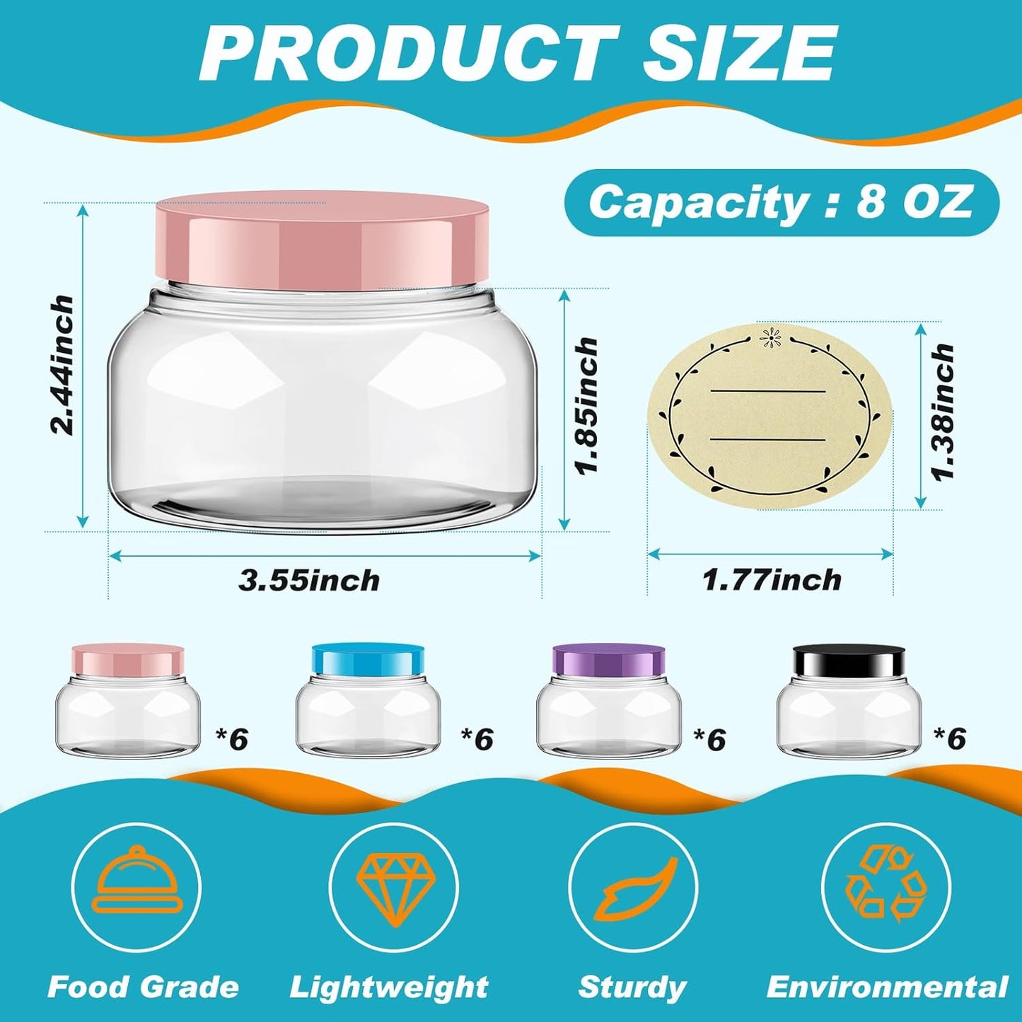 Tessco 24 Pack Plastic Jars with Lids Labels Empty Clear Plastic Jars Round Refillable Cosmetic Containers Body Butter Containers Bulk Sugar Scrub Bottle for Make Up(8 oz,Multicolor)