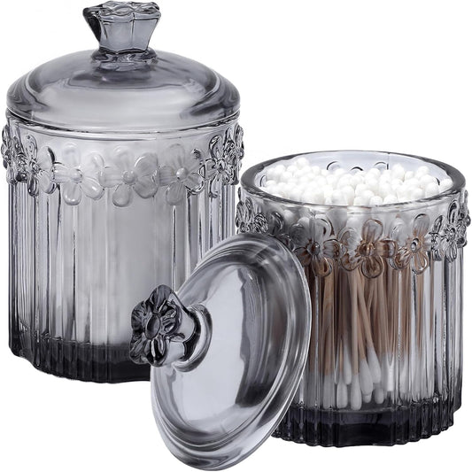 rejomiik 2 Pack Qtip Holder Glass Apothecary Jars with Lids Set Bathroom Canisters Dispenser Organizers and Storage for Cotton Swabs, Balls, Pads, Floss Picks, Candy, Grey