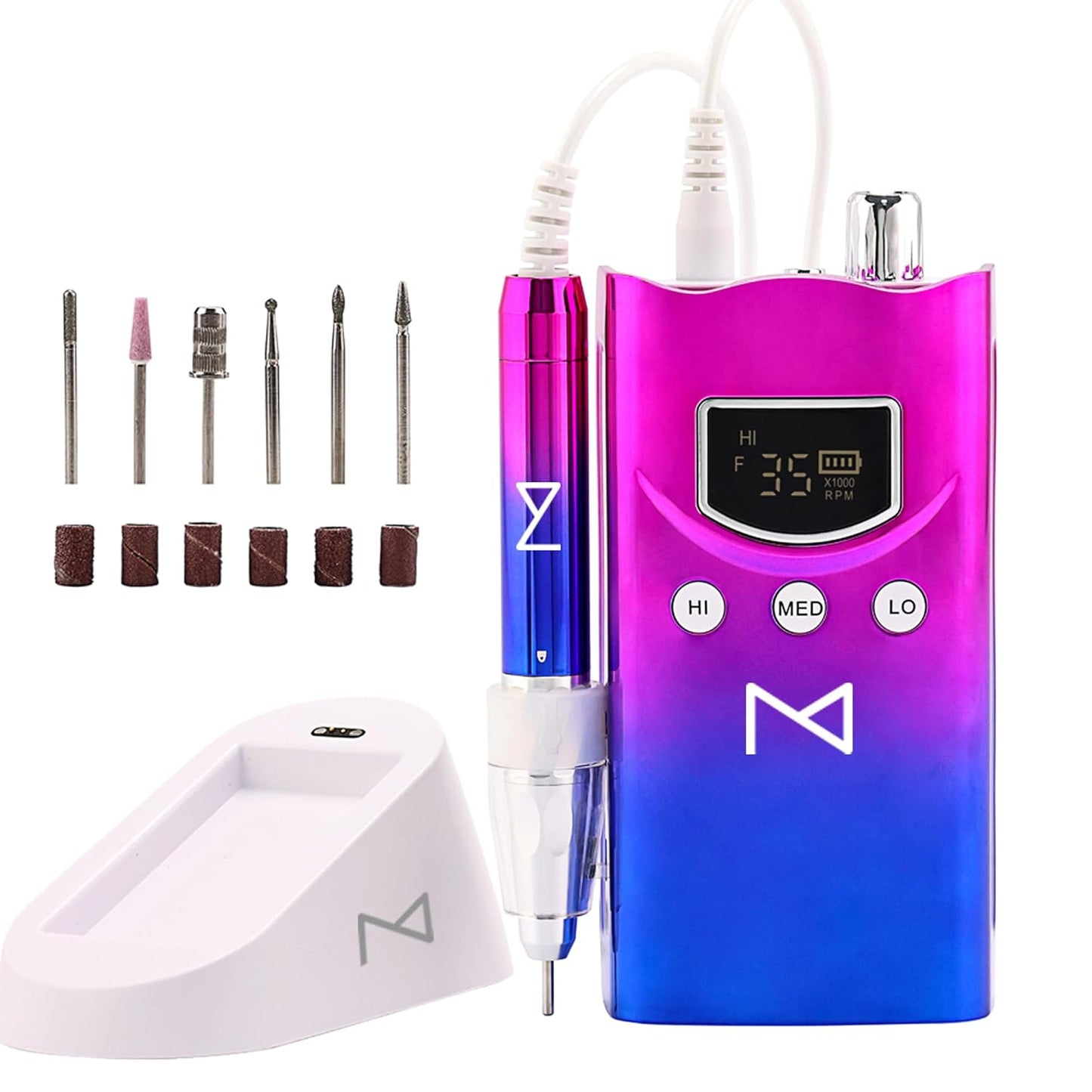 M GEM Brushless Nail Drill 35K RPM | Professional Cordless Efile Machine | Rechargeable Electric Nail File with Bits | Portable Quiet Low Vibration Tool for Acrylic, Gel, Natural Nails (Ombre Blue)