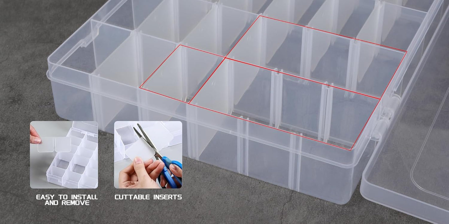 2Pcs Clear Visible Plastic Storage Box- Rectangular Storage Box, Suitable For Beads, Screws Hardware Accessories Organizer Box Art DIY, Crafts, Jewelry, Fishing Tackle, With Label Stickers (24Grids )