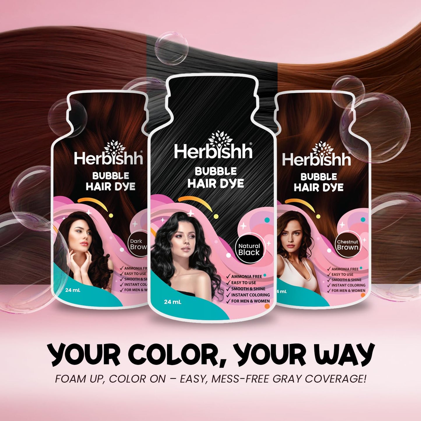 Herbishh Bubble Foam Hair Dye Shampoo, 3 in 1 Dye for 100% Grey Coverage, Permanent Hair Coloring for Men & Women, Long-lasting & Travel-friendly, Ammonia-free, 10 Sachet x 24 ml (Dark Brown)