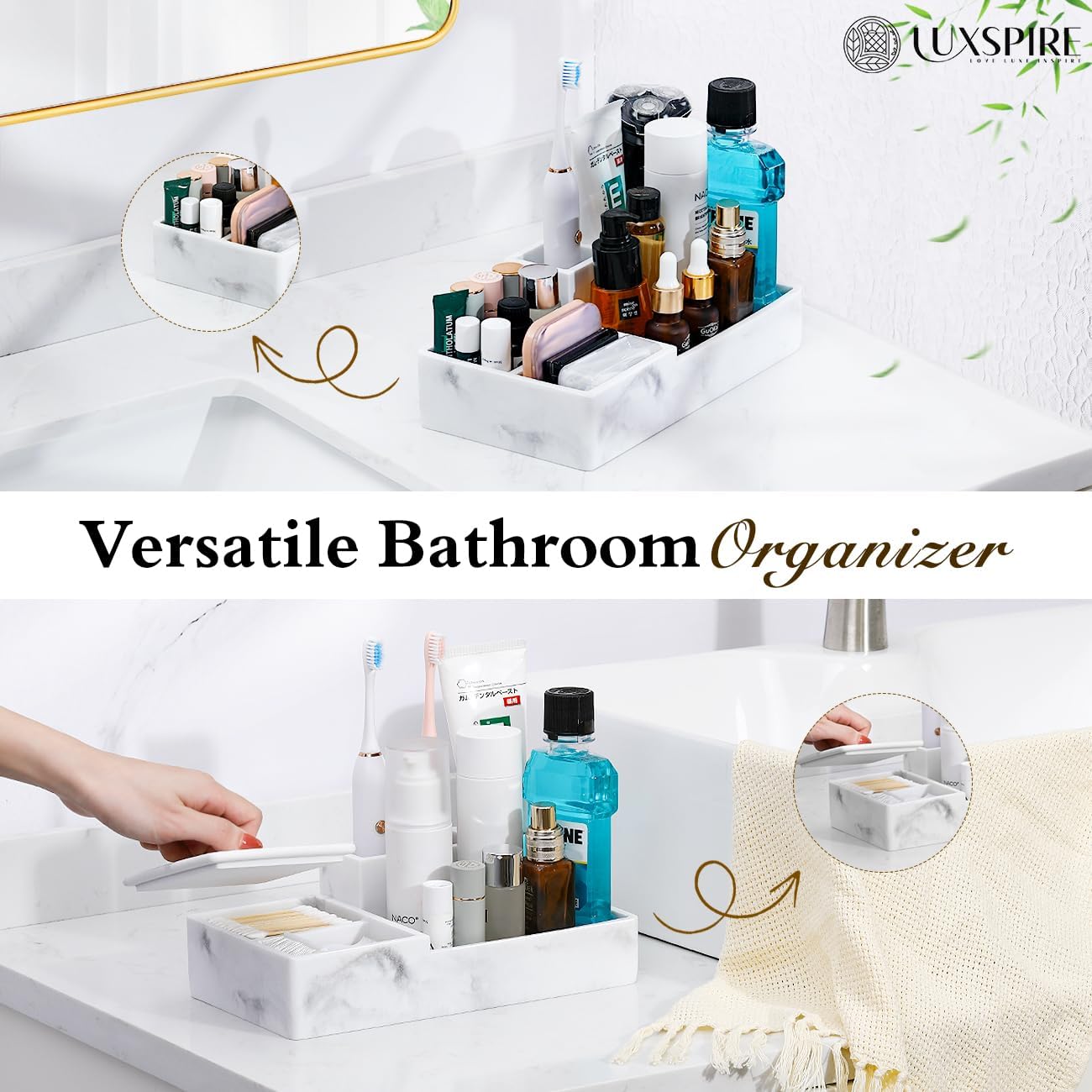 Luxspire Bathroom Counter Organizer, Marble Toothbrush Holder for Bathroom 6 Slot, Bathroom Vanity Organizer with Lid, Bathroom Organizer Countertop for Cotton Ball, Q-Tips, Floss, Gravel White
