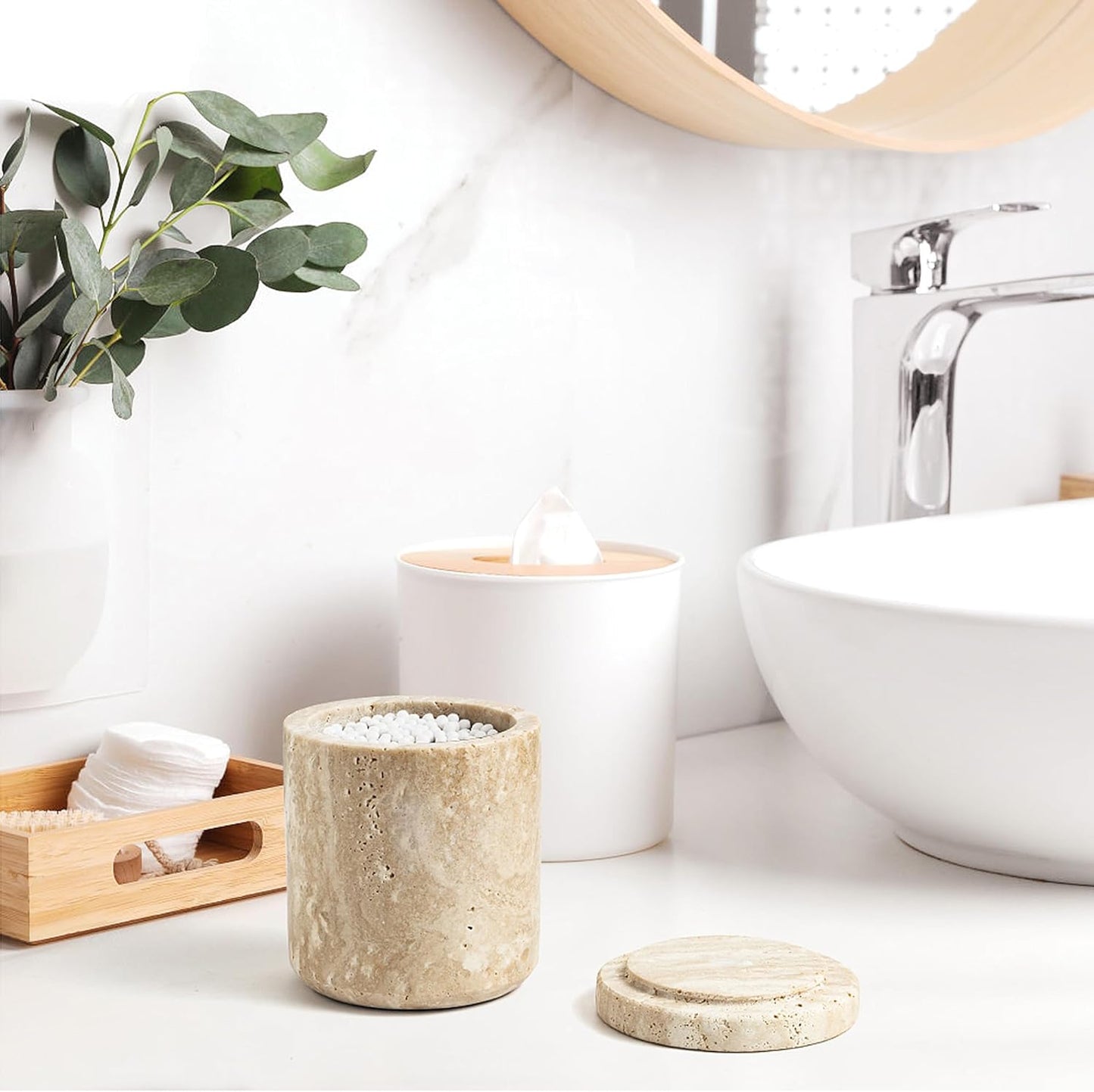 WORHE Travertine Qtip Holder Dispenser with Lid for Cotton Swabs,Balls,Pads,Floss Picks Large Capacity Marble Apothecary Jar for Bathroom Essentials Decor, Vanity Makeup Storage Organizer Beige(WH050)