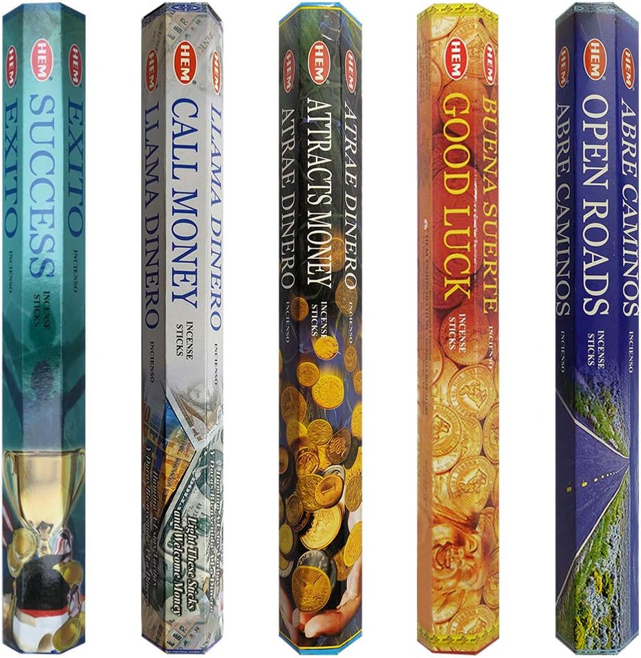 Hem Incense Sticks Variety Pack #5 and Incense Stick Holder Bundle with 5 Money and Success Themed Fragrances