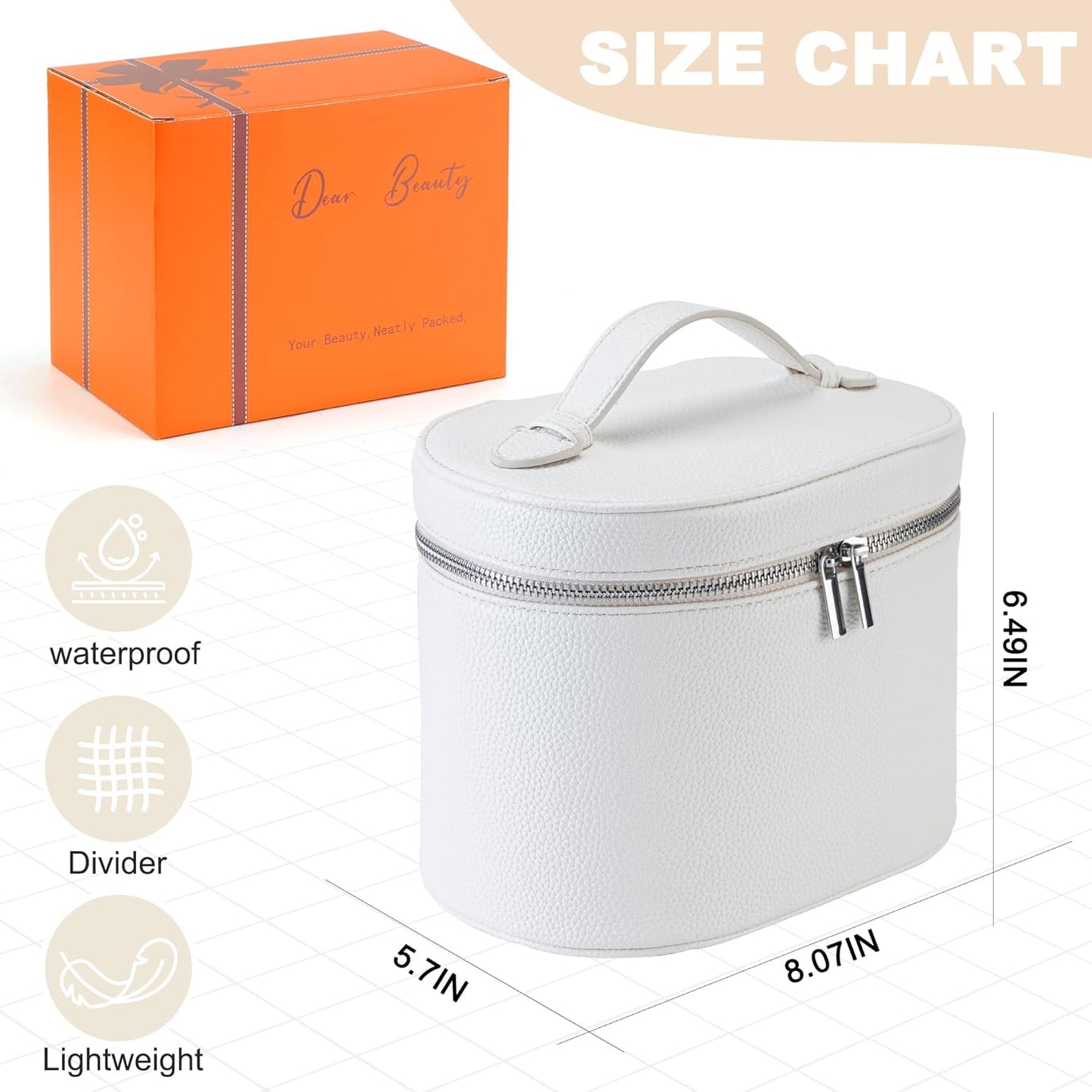 Makeup Bag Vanity Case Cosmetic Bag with Removable Divider Travel Toiletry Bag for Women Portable Make up Box Organizer, White