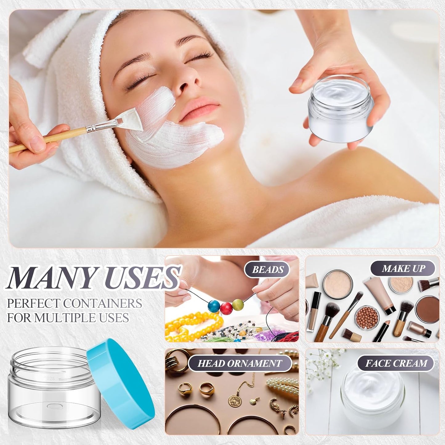 SATINIOR 24 Pieces Empty Clear Plastic Jars with Lids Round Storage Containers Wide Mouth for Beauty Product Cosmetic Cream Lotion Liquid Butter Craft and Food(Blue Lid,1 oz)