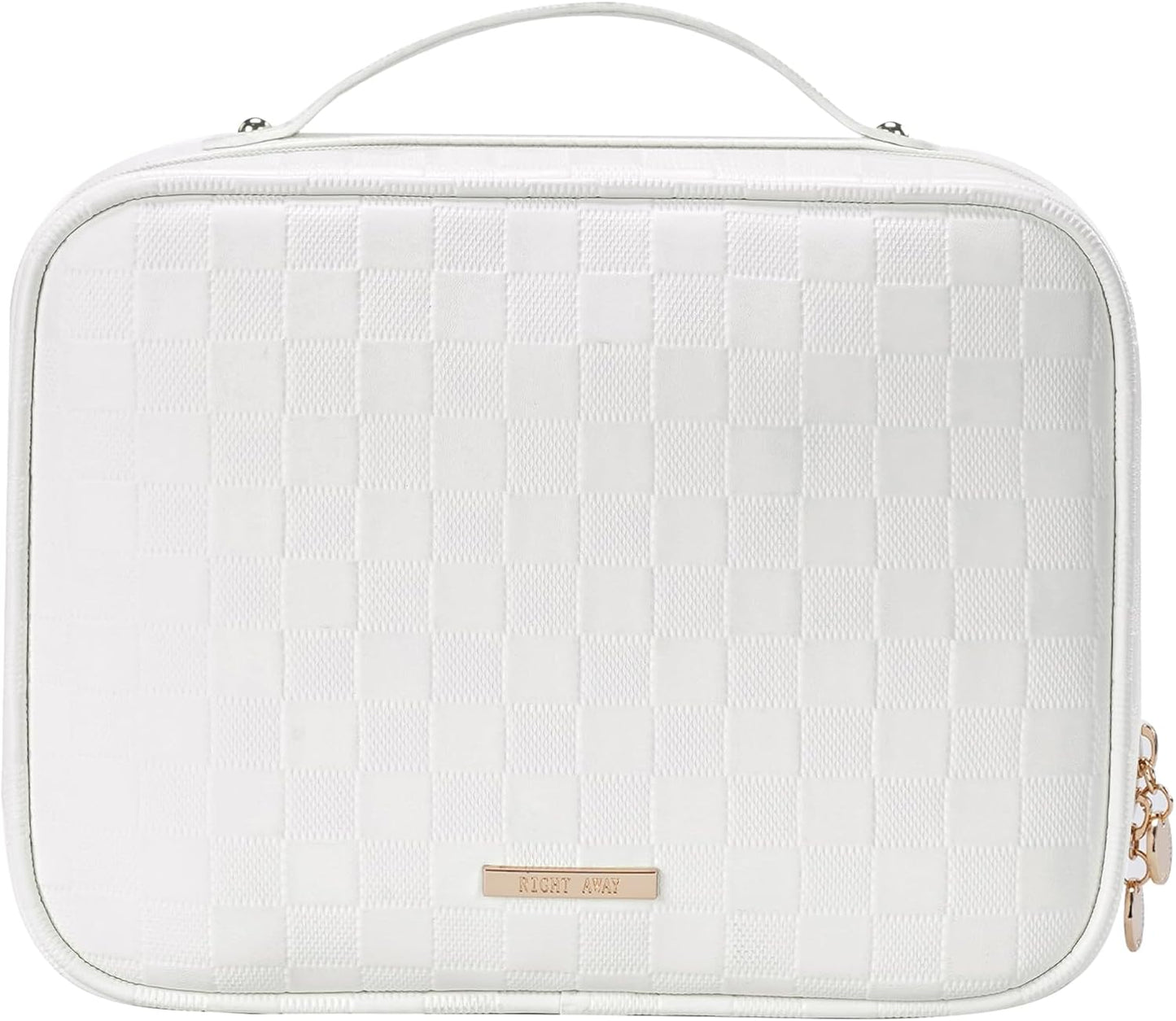 RIGHT AWAY Travel Toiletry Bag for Women, Waterproof Makeup Bag&Case, Portable Cosmetic Organizer Checkered Make up Bag for Full Sized Toiletries，Cosmetics and Travel-Size Accessories,White Checkered