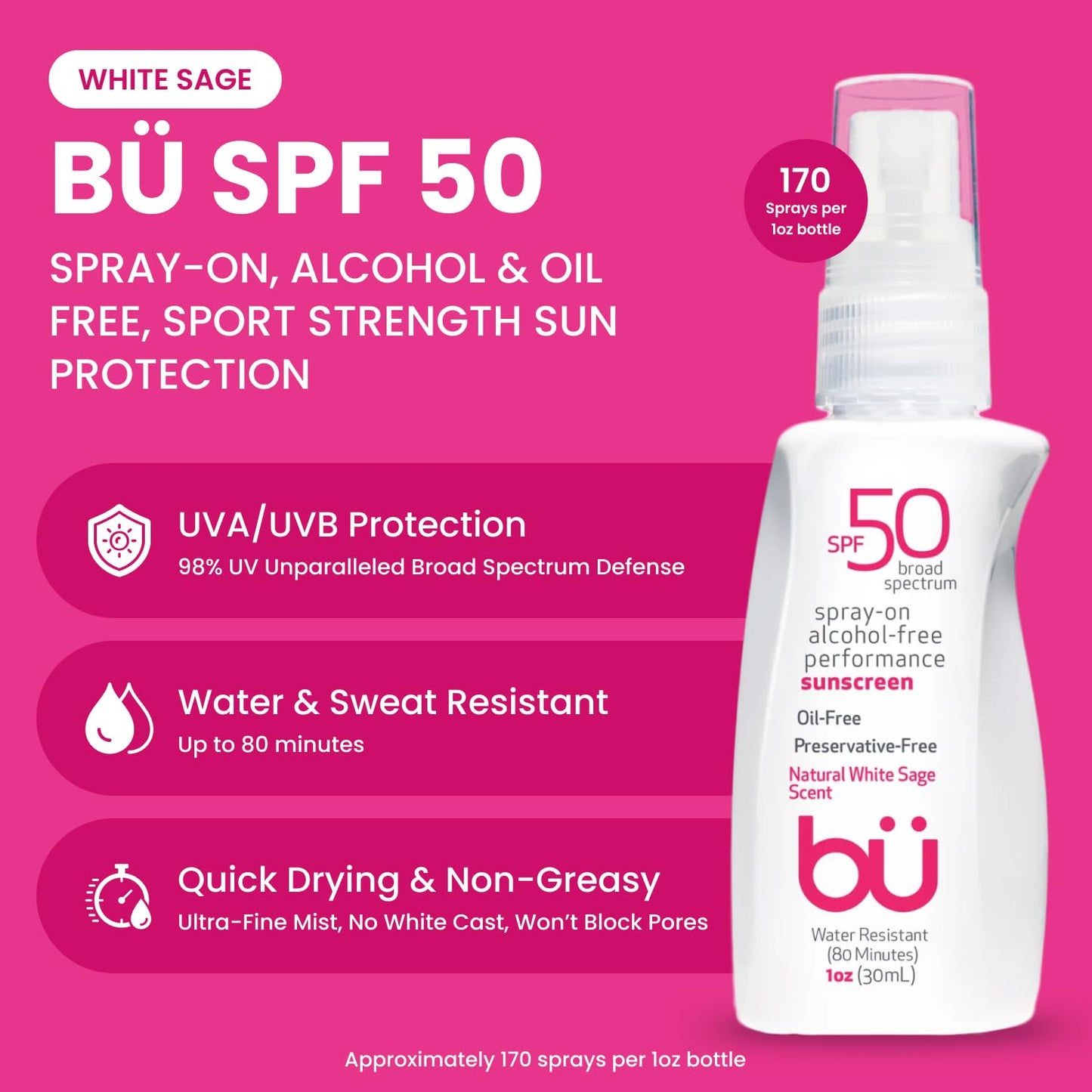 BU SPF 50 Sunscreen Spray for Face and Body, Non Aerosol Spray, TSA Travel Size Sunscreen, Clear, Non Greasy, Water Resistant, White Sage 1 oz (3 Pack)