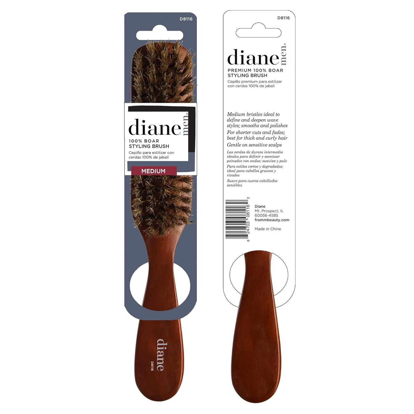 Diane Premium 100% Boar Bristle 5 Row Styling Brush for Men and Barbers, Medium-Firm Bristles for Thick Coarse Hair, Detangling, Smoothing